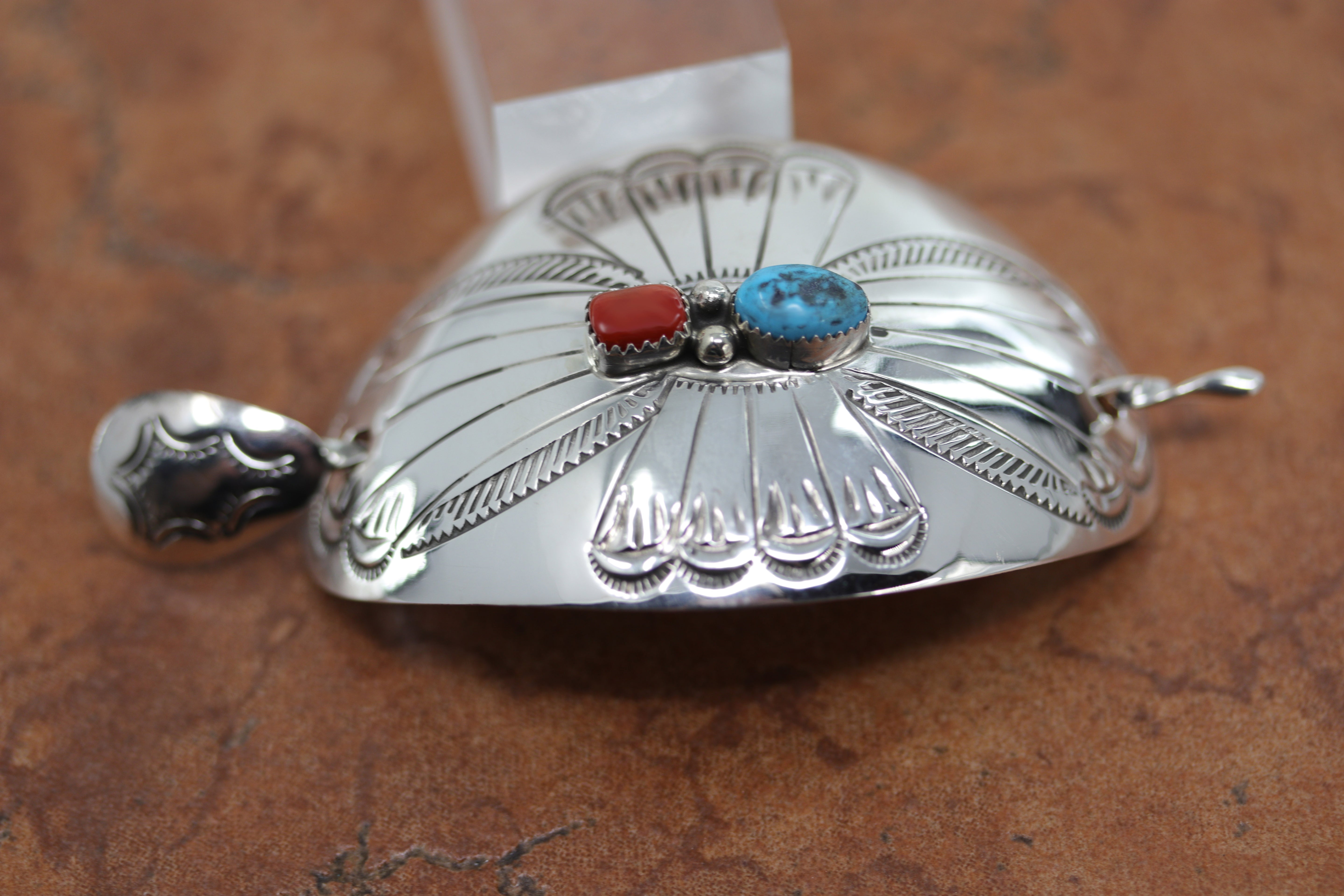 Silver Hair Barrette with two stones, one coral and turquoise