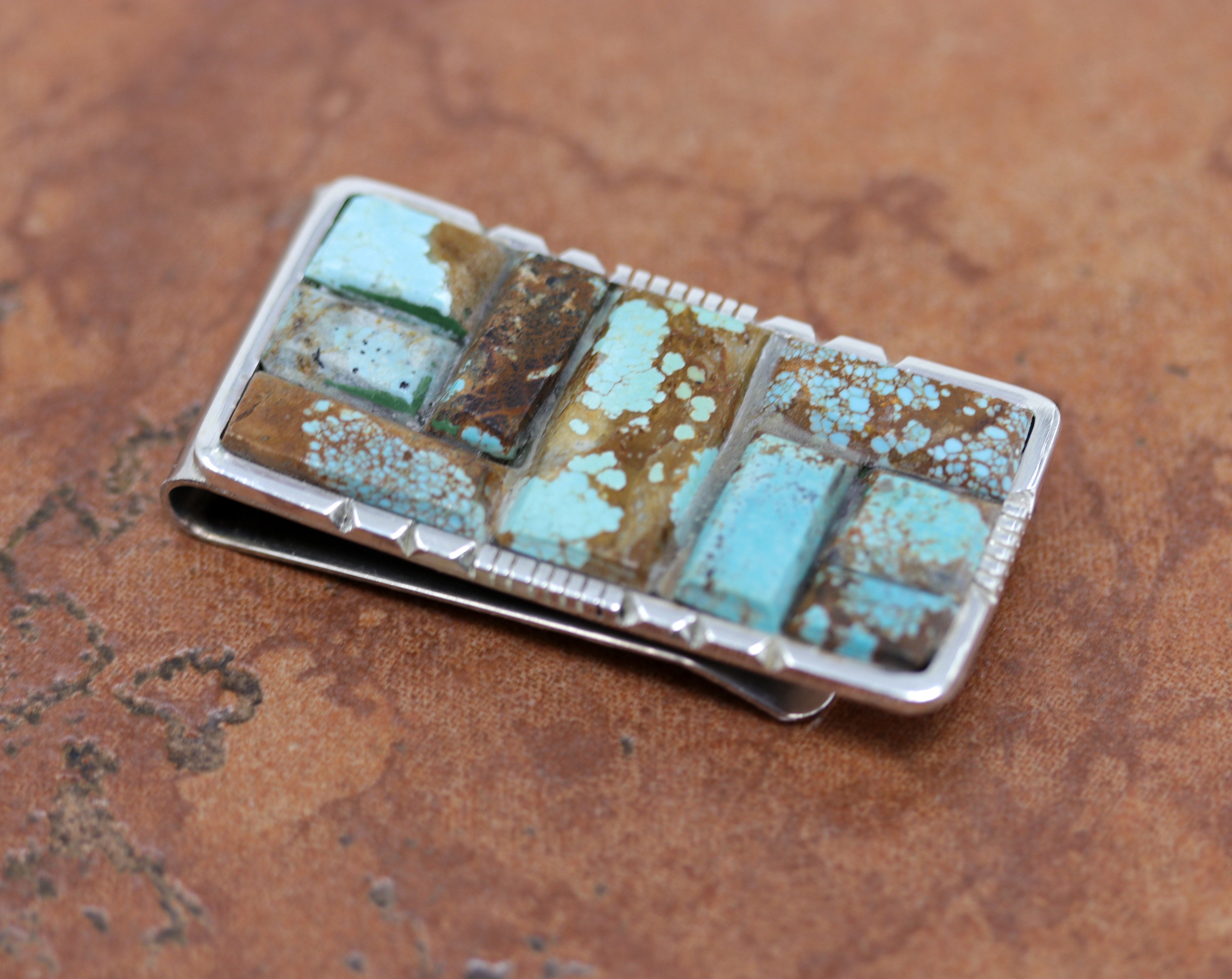 Silver Money clip with the top part containing twelve rectangular turquoise stones